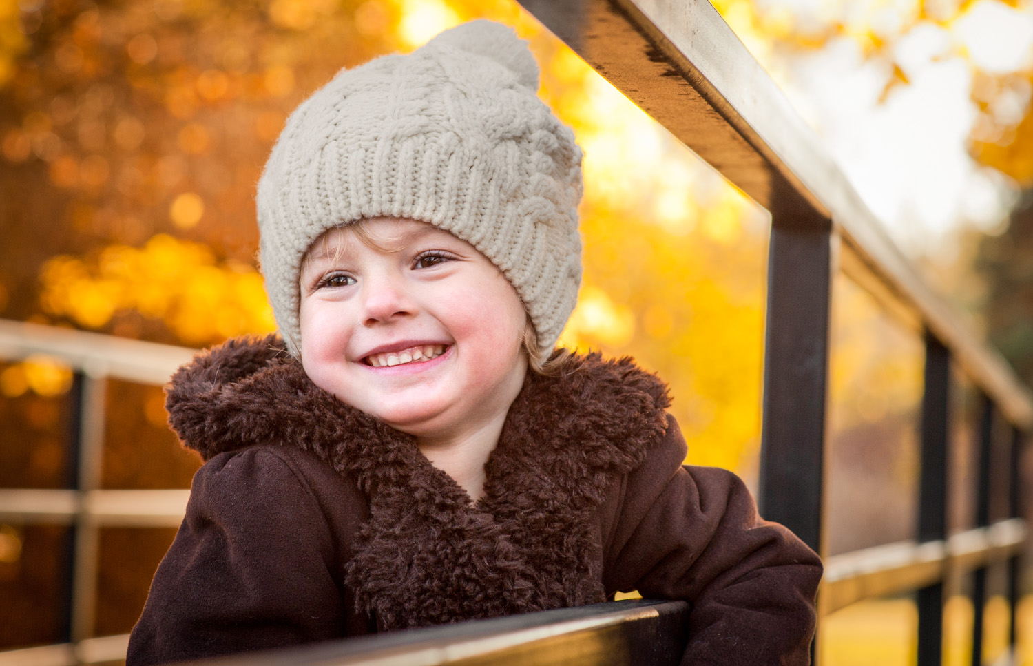 Little girl on a bridge in fall